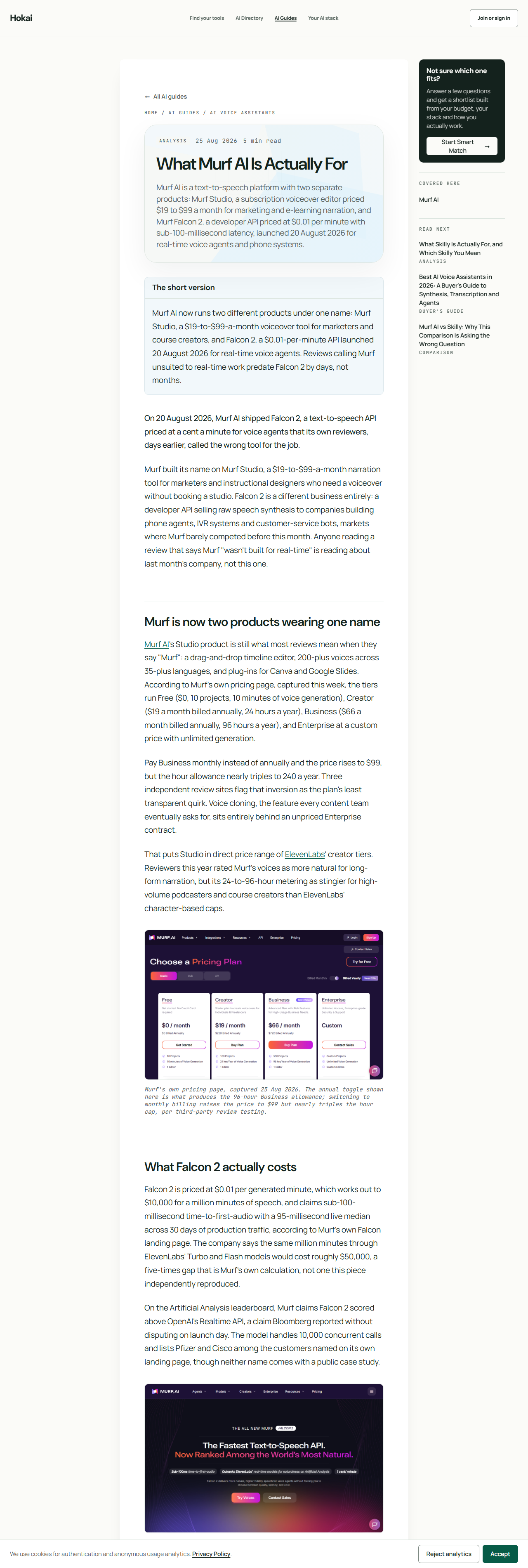 The live Murf AI guide page on hokai.io, showing the article text alongside two embedded screenshots: Murf's own pricing page with Free, Creator, Business, and Enterprise tiers, and the Falcon 2 landing page announcing sub-100-millisecond text-to-speech, each with a dated italic caption underneath