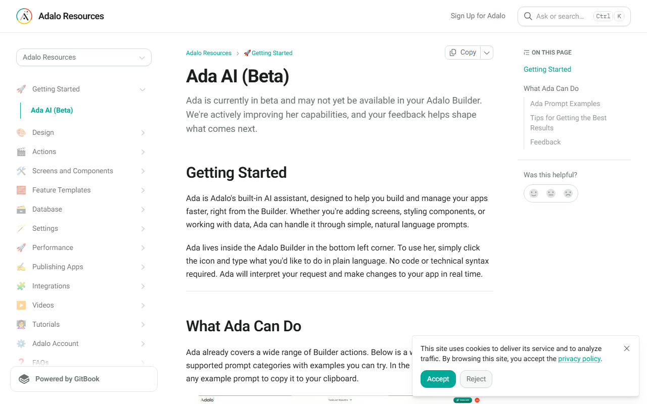 Adalo's help documentation describing Ada, an AI assistant that builds and edits screens from natural-language prompts inside the Adalo Builder