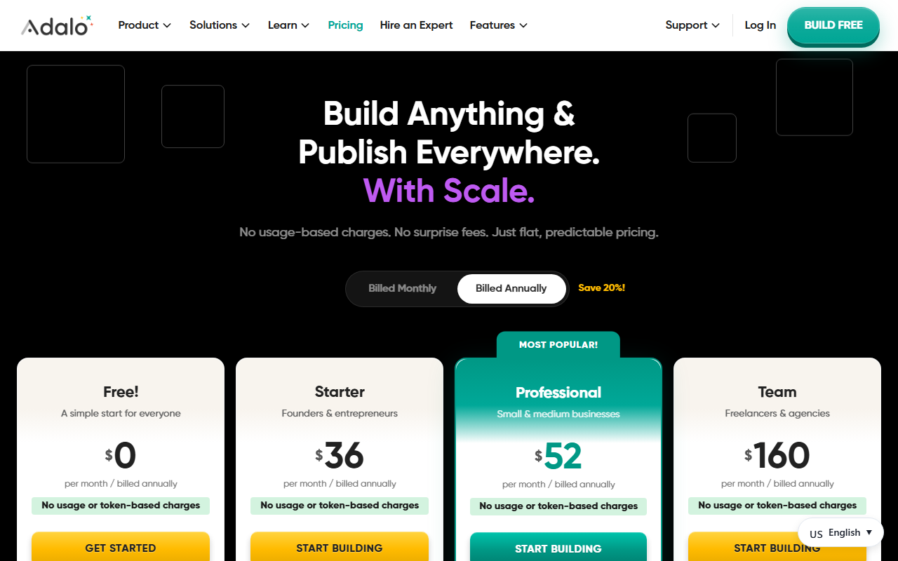 Adalo's own pricing page listing Free, Starter, Professional and Team tiers at $0, $36, $52 and $160 a month