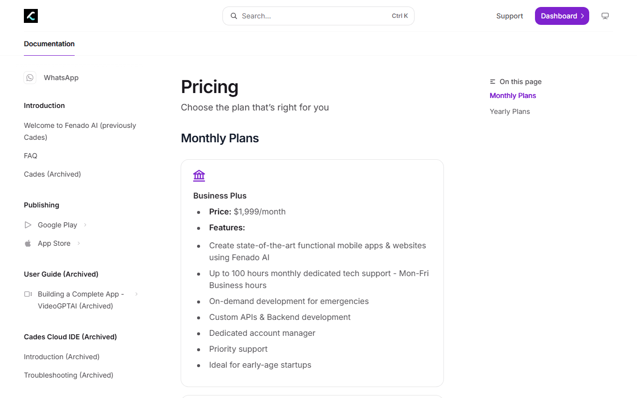 Fenado's own documentation site showing Business Plus at $1,999 a month as the cheapest listed tier, with no lower option visible