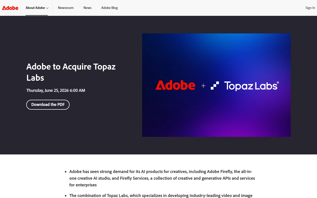 Adobe's newsroom announcement of the Topaz Labs acquisition, showing the combined Adobe and Topaz Labs logo and the June 25, 2026 publish date