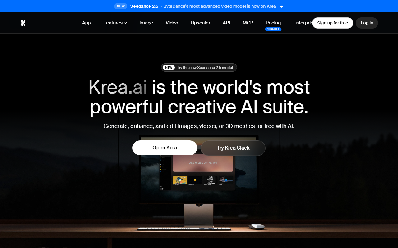 Krea's homepage tagline reading "Krea.ai is the world's most powerful creative AI suite. Generate, enhance, and edit images, videos, or 3D meshes for free with AI."