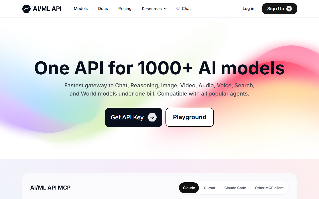 AIML API's homepage headline: "One API for 1000+ AI models," covering chat, reasoning, image, video, audio, voice, search and world models under one bill
