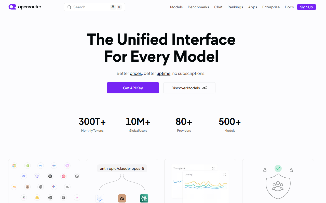 OpenRouter's homepage stating 300T+ monthly tokens, 10M+ global users, 80+ providers and 500+ models, under the tagline "Better prices, better uptime, no subscriptions"