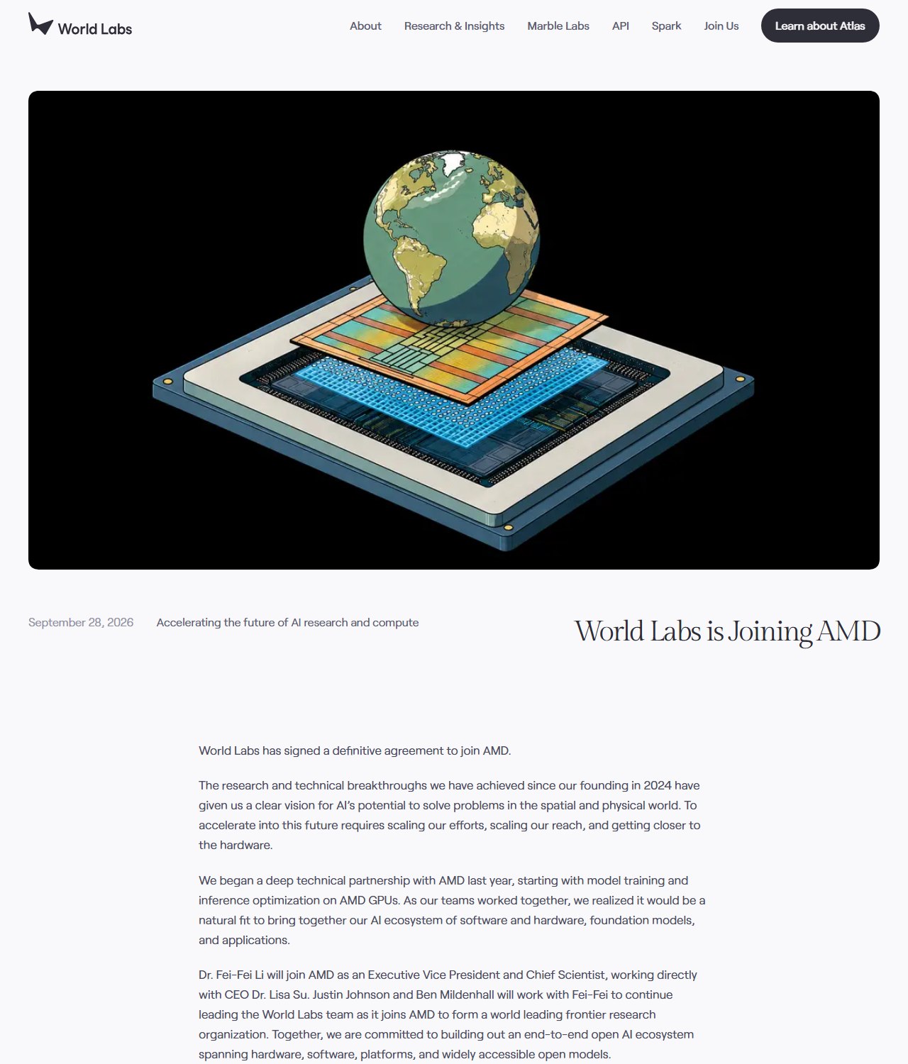 World Labs announcement page dated 28 September 2026, showing the deal paragraphs and no mention of Marble