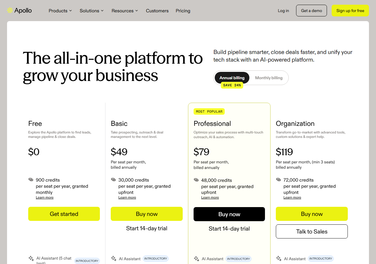 Apollo pricing page on annual billing showing Free, Basic, Professional and Organization plan cards with per-seat prices
