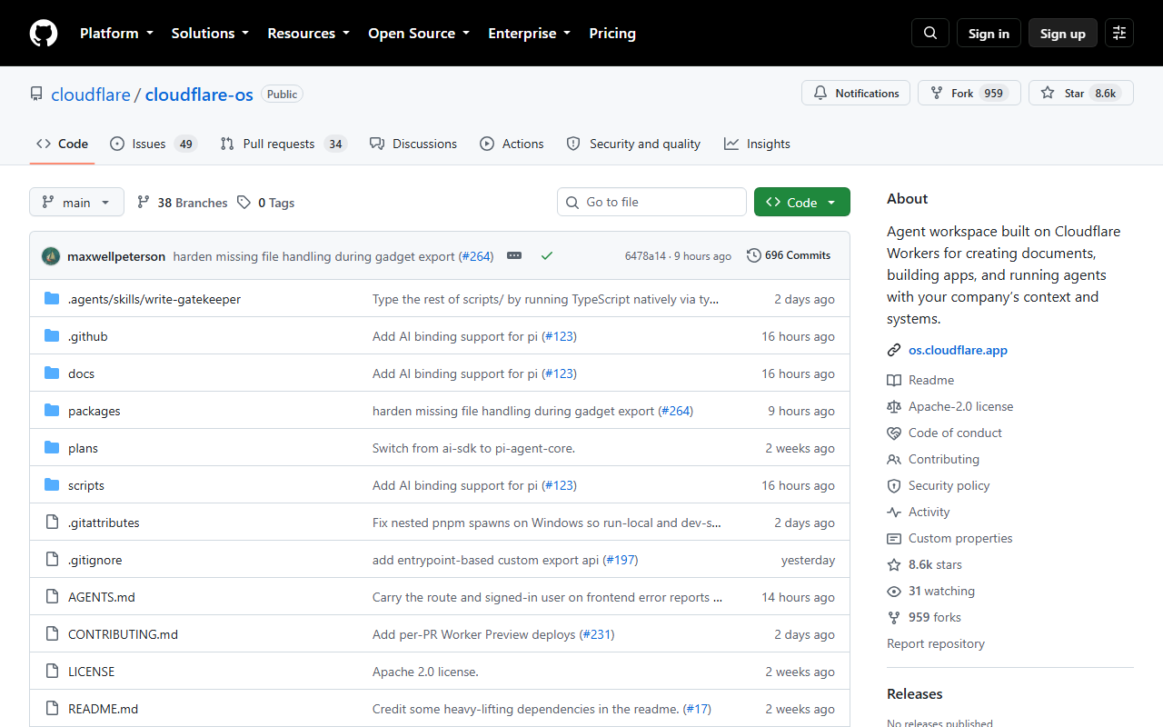 The cloudflare/cloudflare-os GitHub repository page showing 8.6k stars, 959 forks, 696 commits, and the Apache 2.0 license