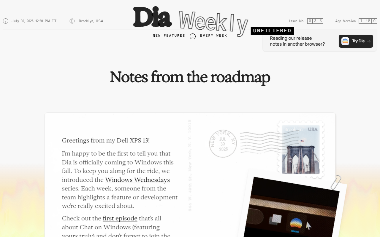 Dia Weekly release notes page with the headline: Dia is officially coming to Windows this fall, part of the Windows Wednesdays series