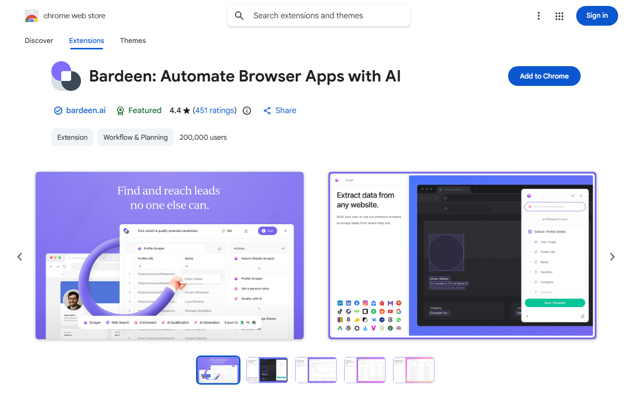 Bardeen's Chrome Web Store listing showing 200,000 users, a 4.4-star rating from 451 reviews, and product screenshots of its lead-enrichment scraper pulling LinkedIn profile data