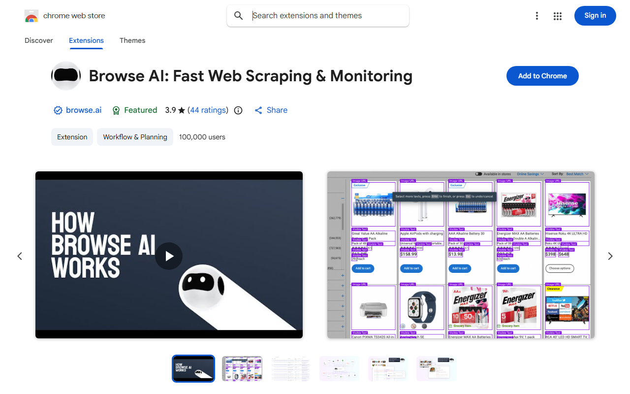 Browse AI's Chrome Web Store listing showing 100,000 users, a 3.9-star rating from 44 reviews, and a screenshot of its point-and-click element selector on a shopping site