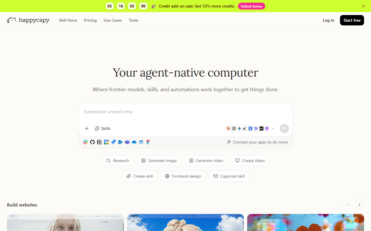 HappyCapy's homepage showing its agent prompt box with skill toggles, connected-app icons and quick-action buttons for research, image generation, video and slides