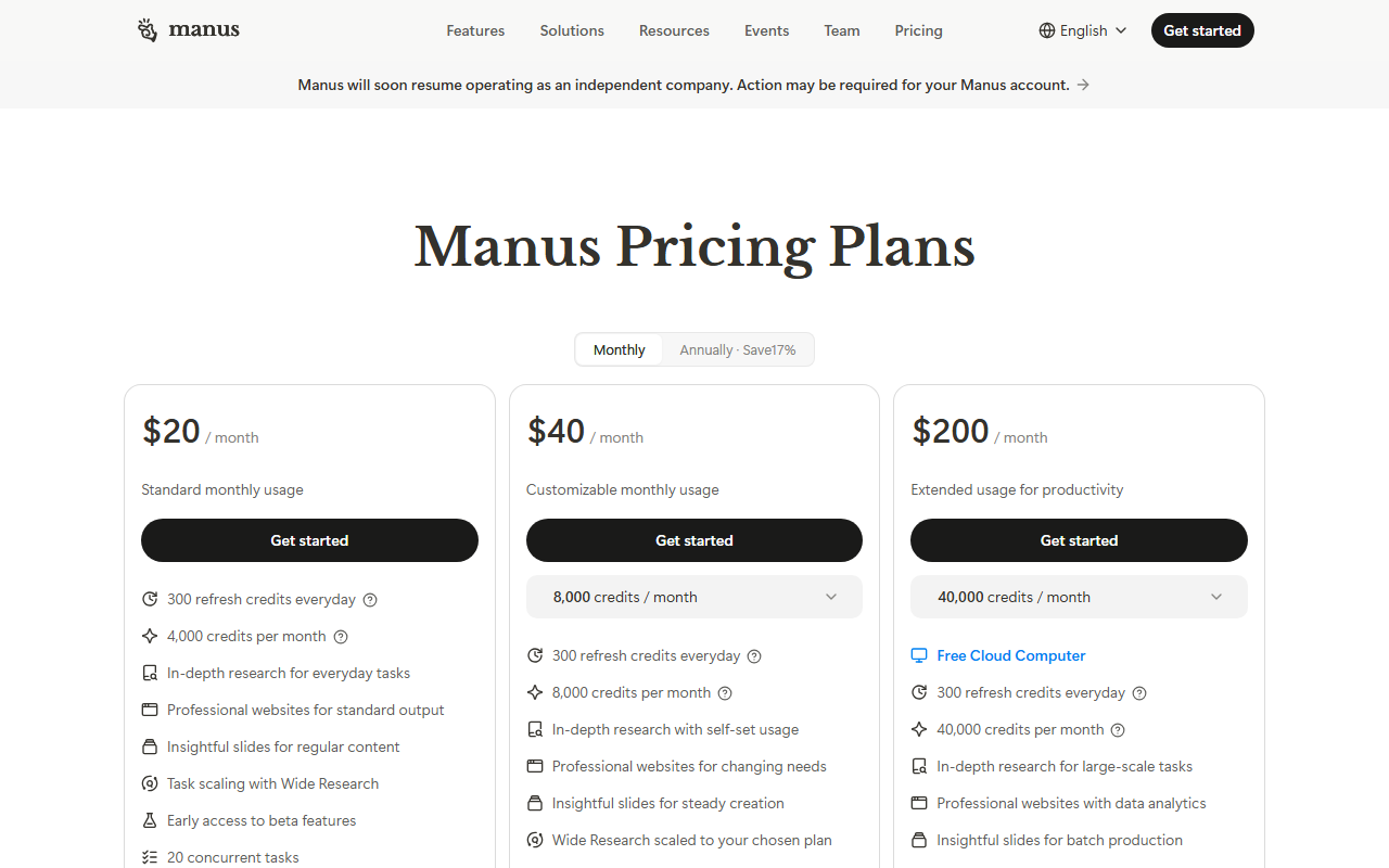 Manus's pricing page showing three tiers at $20, $40 and $200 a month, with a banner announcing Manus will resume operating as an independent company