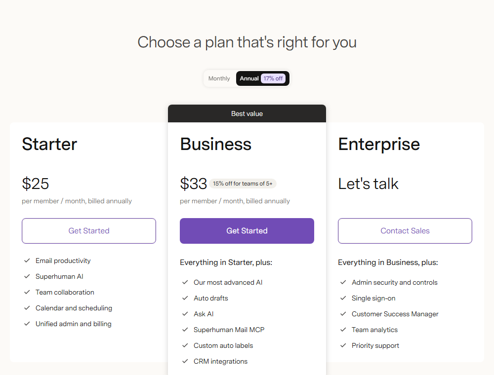 Superhuman's pricing page showing Starter at $25, Business at $33 and a contact-sales Enterprise plan, each per member per month billed annually
