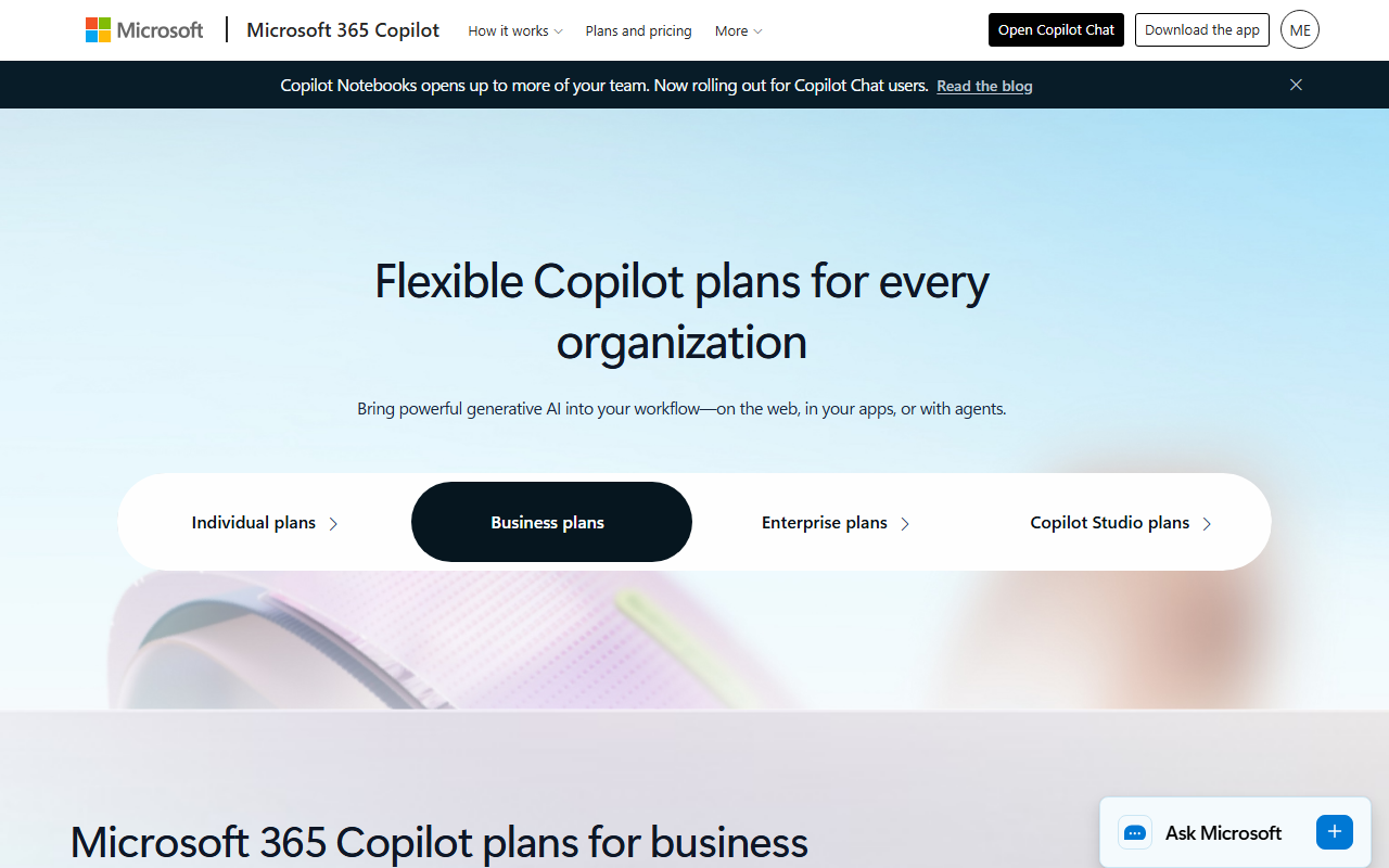 Microsoft's own pricing page showing Business Standard with Copilot at $23.50 a user a month and the discounted $18 Copilot-only add-on