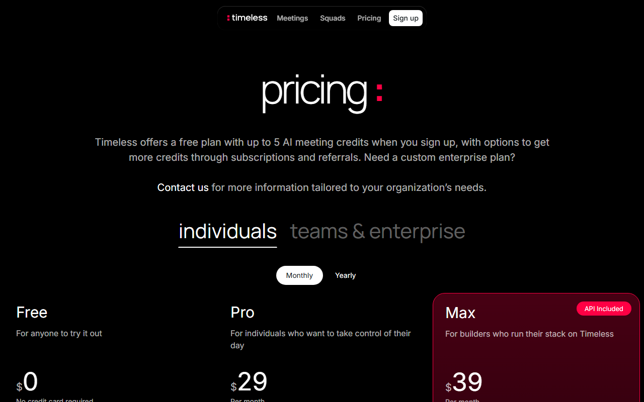 Timeless's pricing page showing Free, Pro at $29 and Max at $39 per month for individual plans