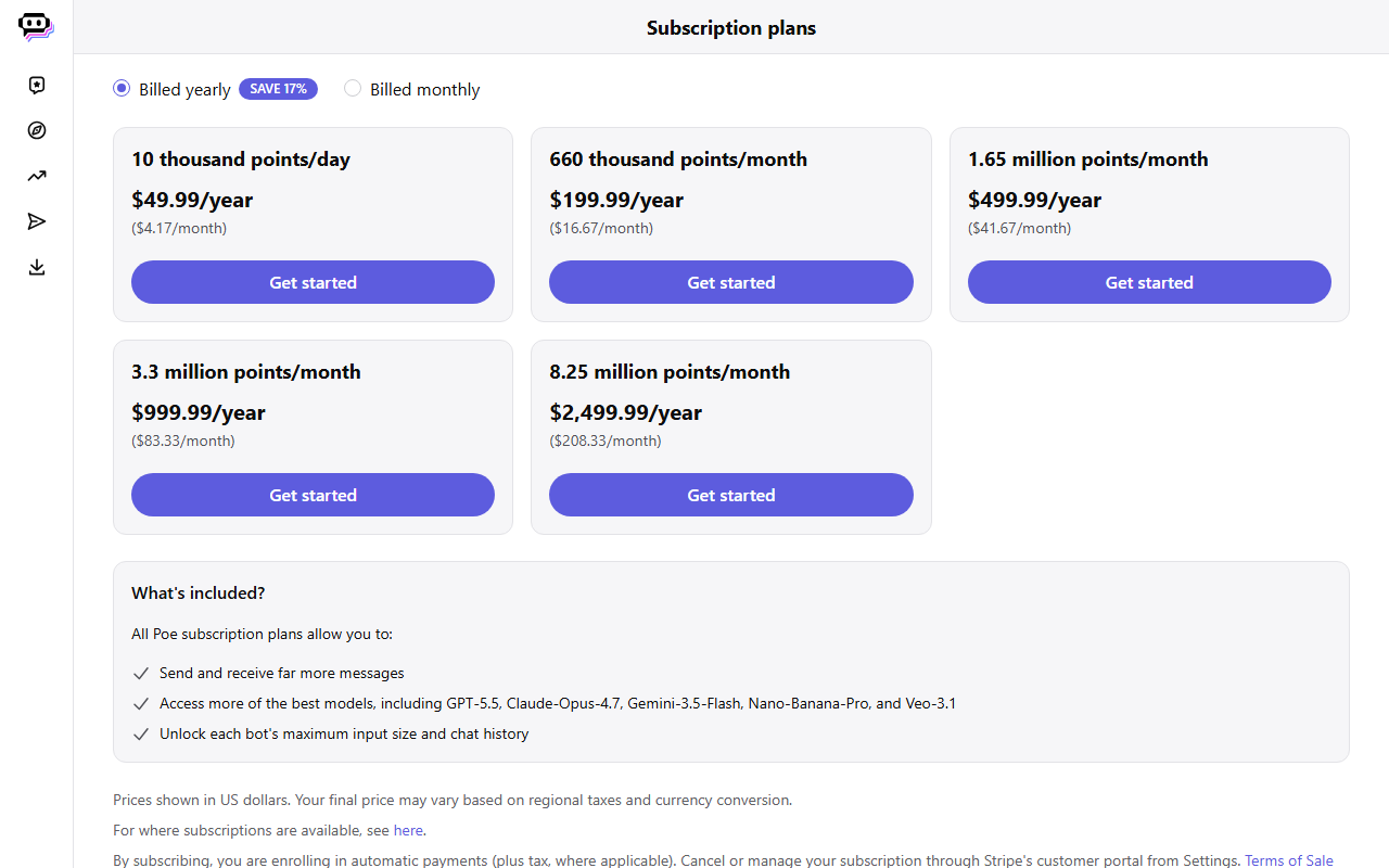 Poe's subscription plans page listing five tiers from 10 thousand points a day up to 8.25 million points a month