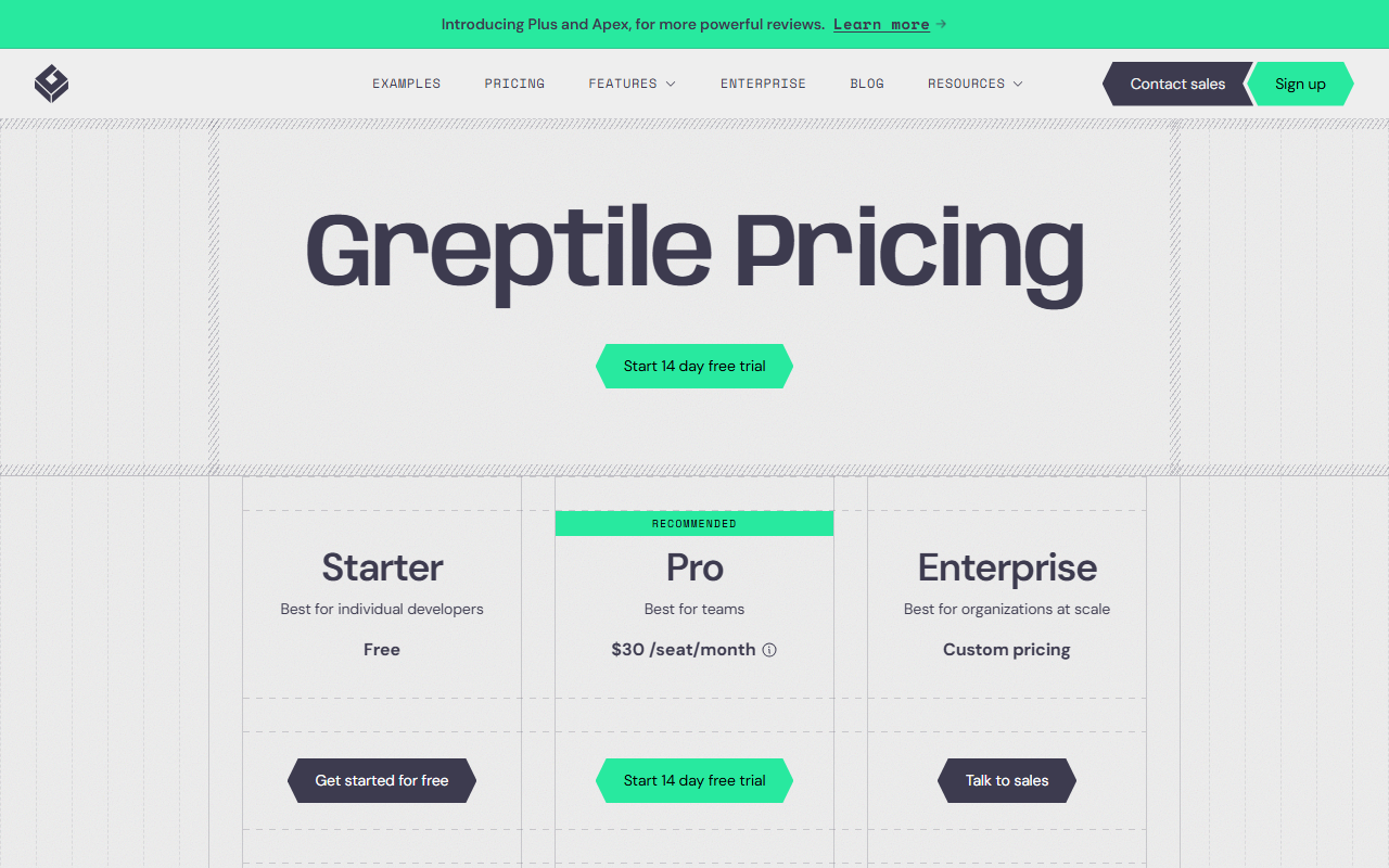 Greptile pricing page showing Starter at free, Pro at $30 per seat per month and Enterprise at custom pricing