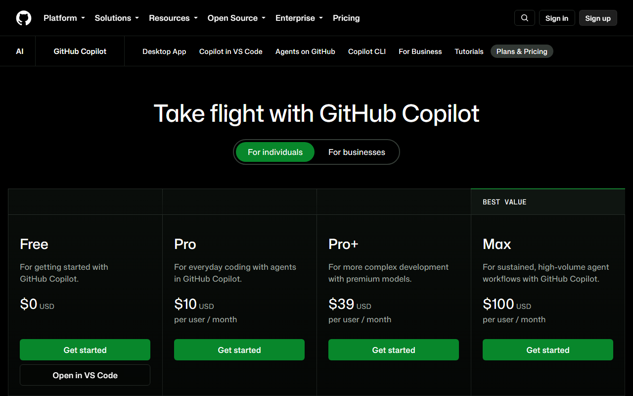 GitHub Copilot's plans page showing four tiers: Free at $0, Pro at $10/user/month, Pro+ at $39/user/month marked "best value," and Max at $100/user/month