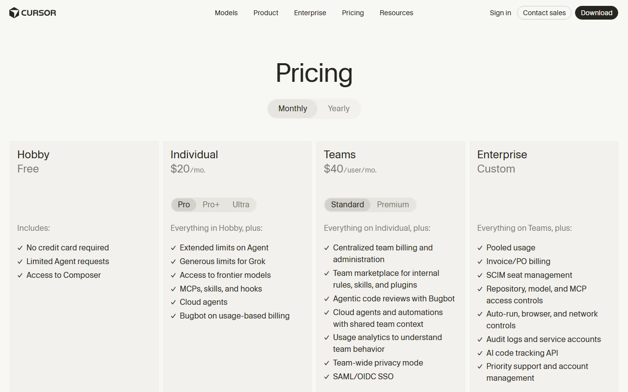 Cursor's pricing page showing four tiers: Hobby free, Individual $20/mo with Pro/Pro+/Ultra sub-tiers, Teams $40/user/mo, and custom Enterprise