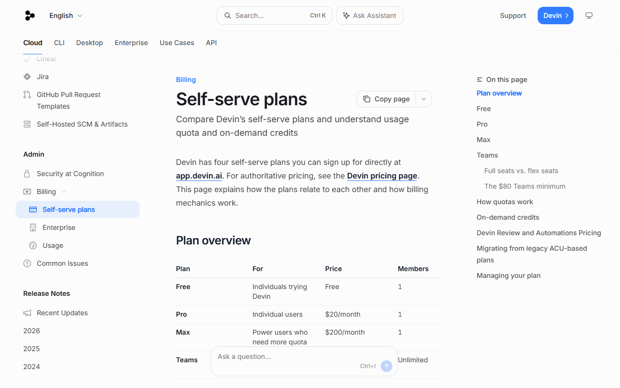Devin's self-serve billing documentation showing a plan table: Free for individuals trying Devin, Pro at $20/month for individual users, Max at $200/month for power users, and Teams with unlimited members