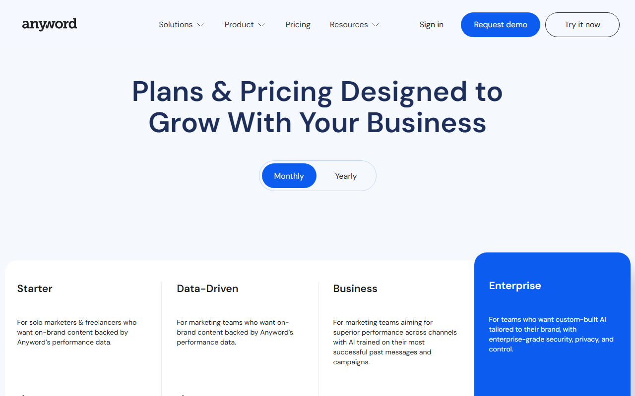 Anyword's pricing page showing the Starter, Data-Driven, Business and Enterprise tiers with their target-audience descriptions and a monthly/yearly billing toggle