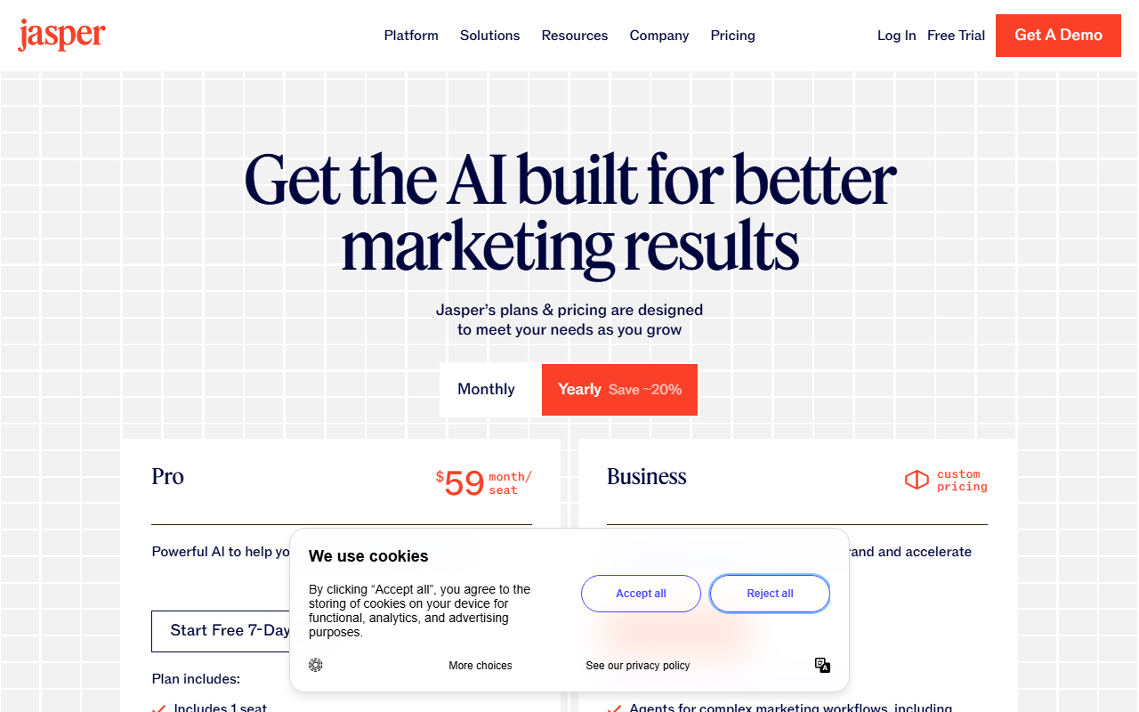 Jasper's pricing page showing the Pro plan at $59 a month per seat and Business at custom pricing, with a cookie-consent banner overlapping part of the plan details