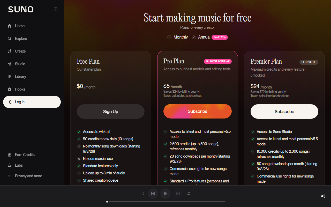 Suno's pricing page comparing Free, Pro at $8 a month on annual billing, and Premier at $24 a month on annual billing, with credit counts and commercial-use terms listed under each plan