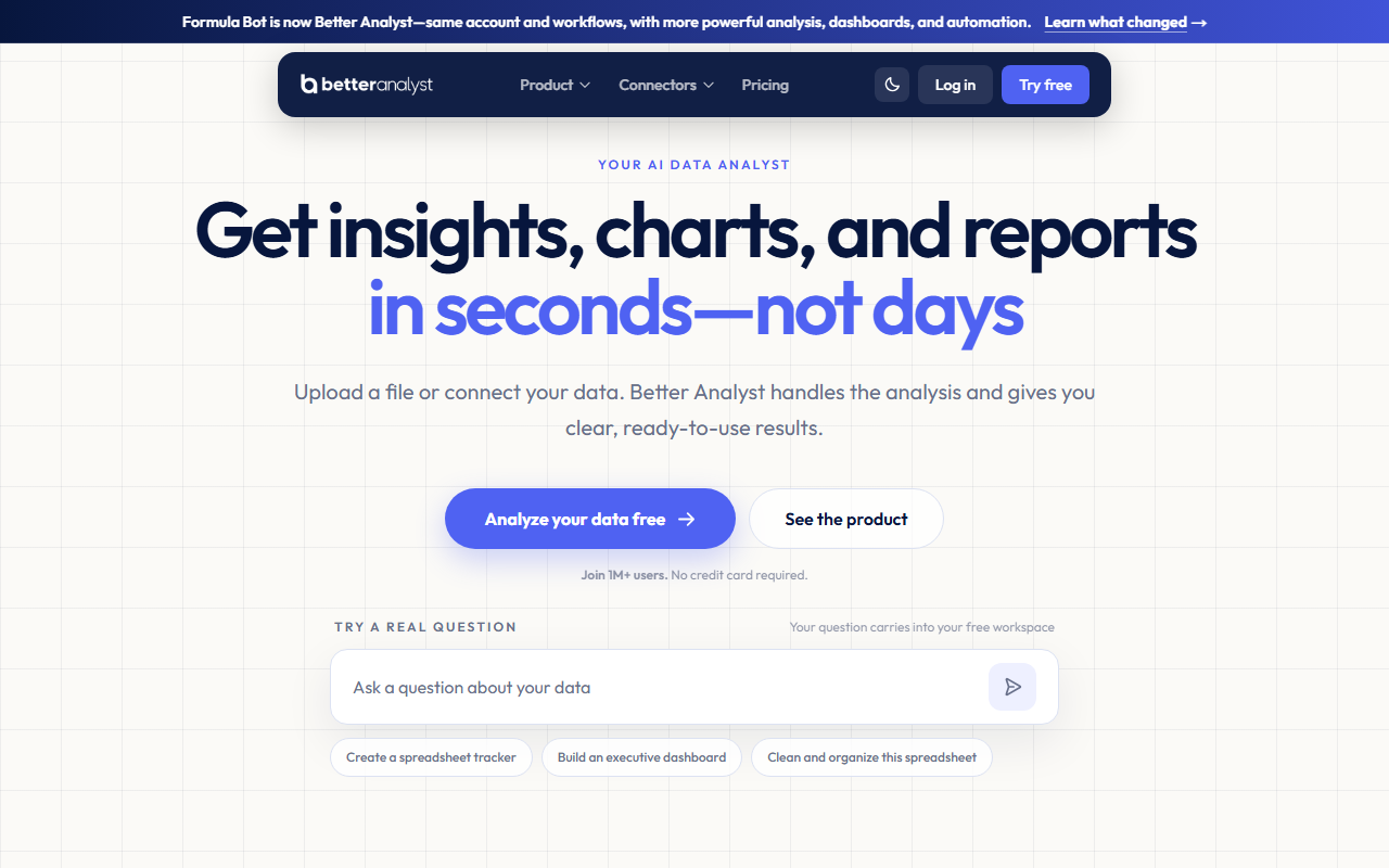 Better Analyst's homepage, with a banner reading "Formula Bot is now Better Analyst, same account and workflows" above the product's chat-based data analysis interface