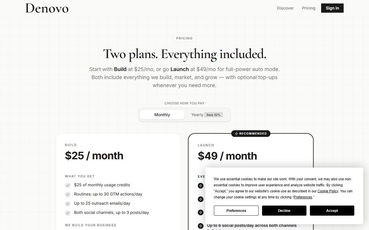 Denovo's pricing page showing the $25 Build plan and the $49 Launch plan side by side, both including the business plan and pitch deck
