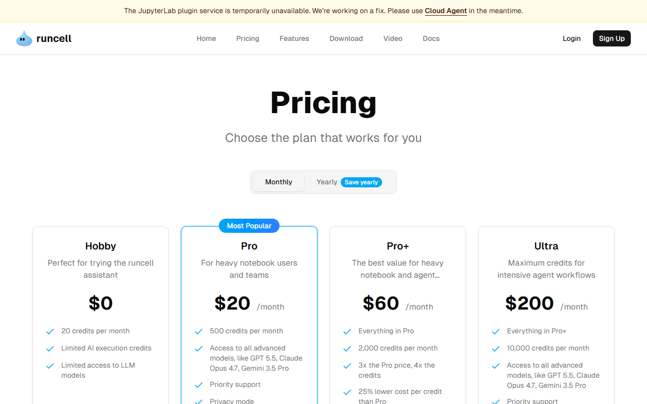 Runcell pricing page showing Hobby, Pro, Pro+ and Ultra plans under a banner saying the JupyterLab plugin service is temporarily unavailable