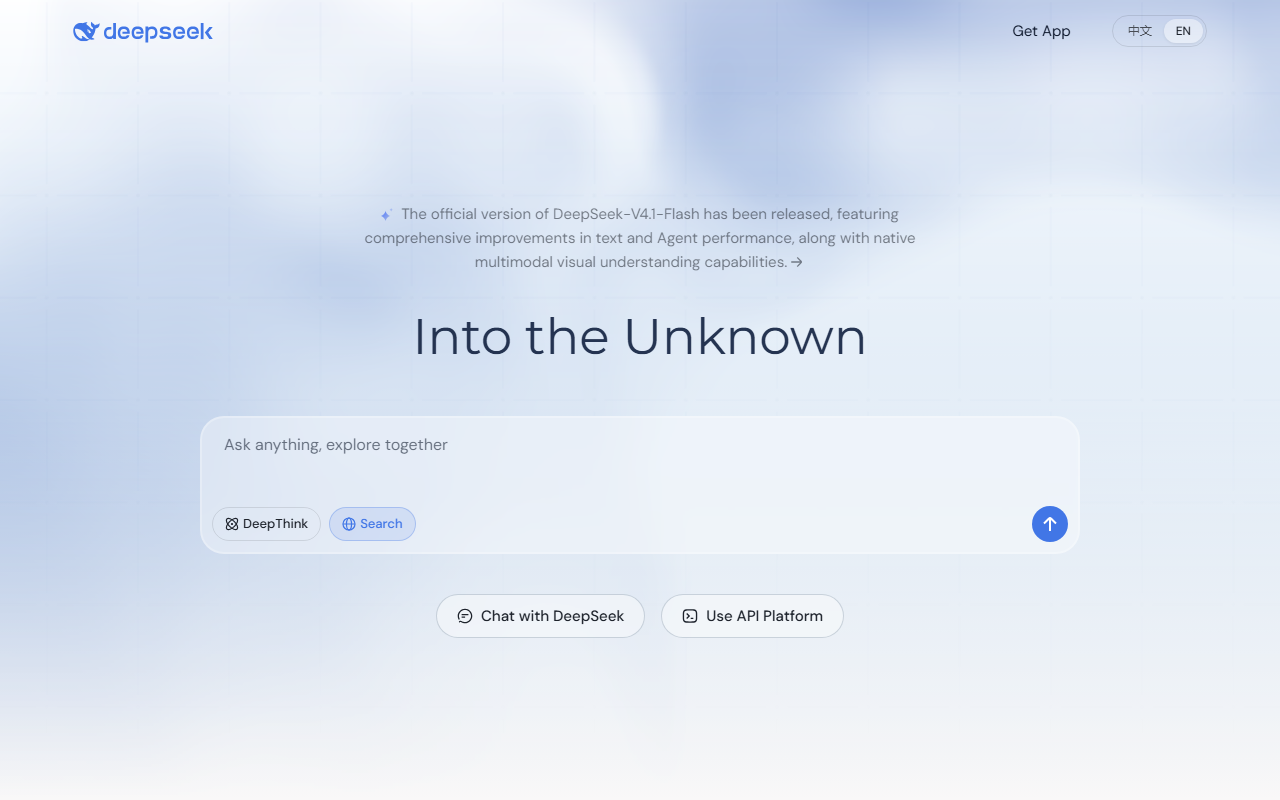 DeepSeek's homepage showing the DeepSeek-V4.1-Flash release banner and the "Ask anything, explore together" chat box
