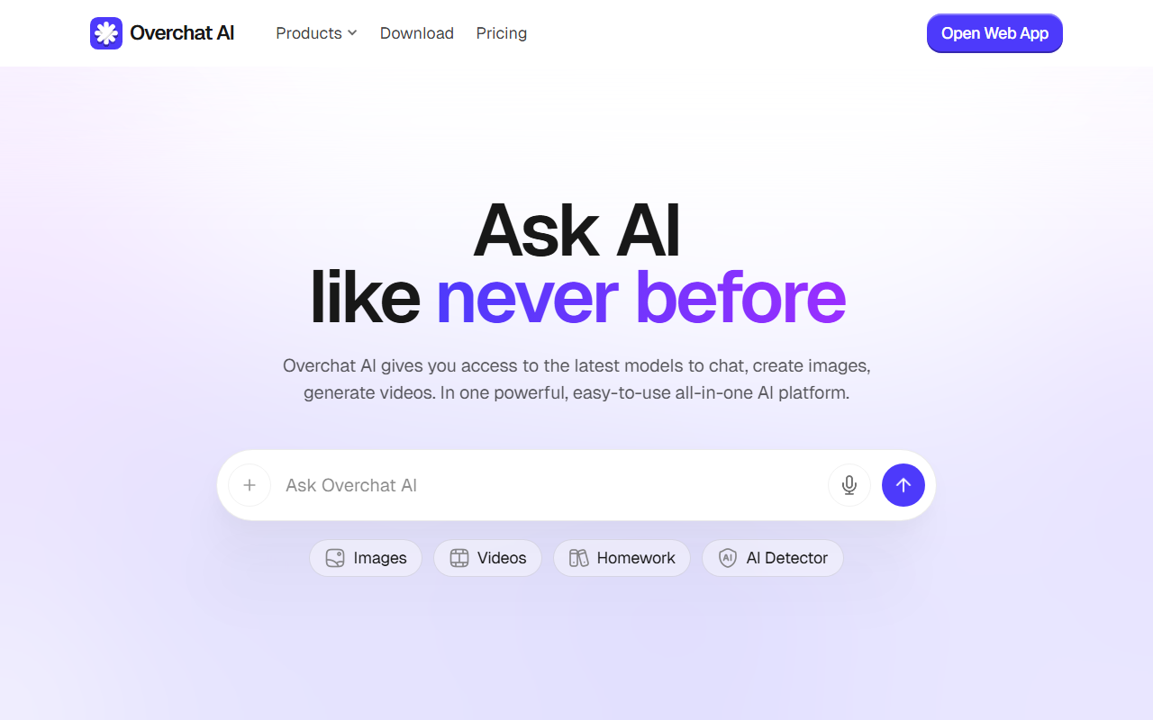 Overchat AI's homepage with the "Ask AI like never before" headline and quick-action buttons for Images, Videos and Homework