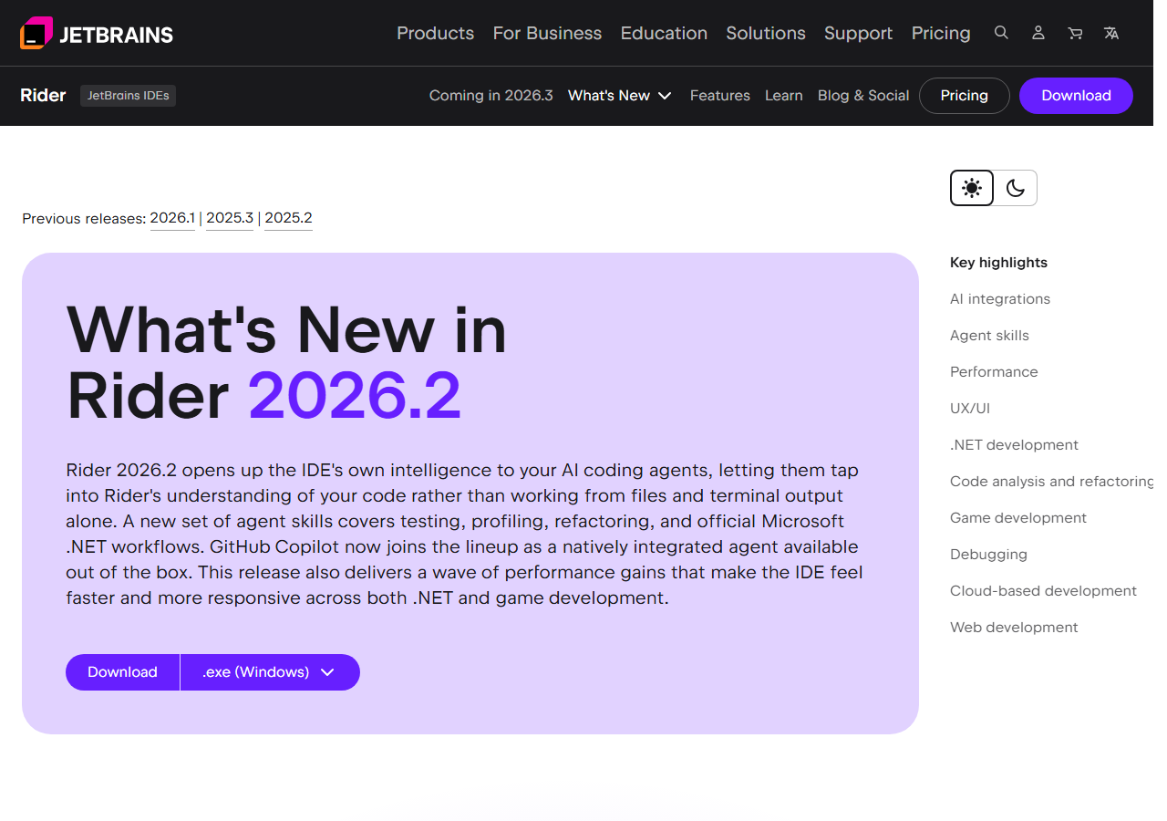 JetBrains page headed What's New in Rider 2026.2, with a summary saying the IDE opens its own intelligence to AI coding agents and that GitHub Copilot is natively integrated