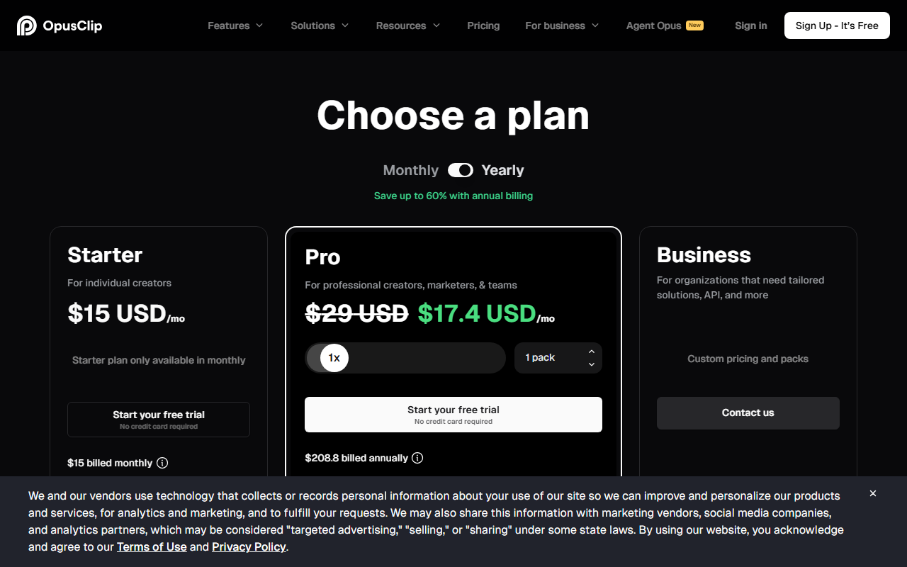 OpusClip's pricing page showing Starter at $15 a month and Pro discounted from $29 to $17.40 a month on annual billing