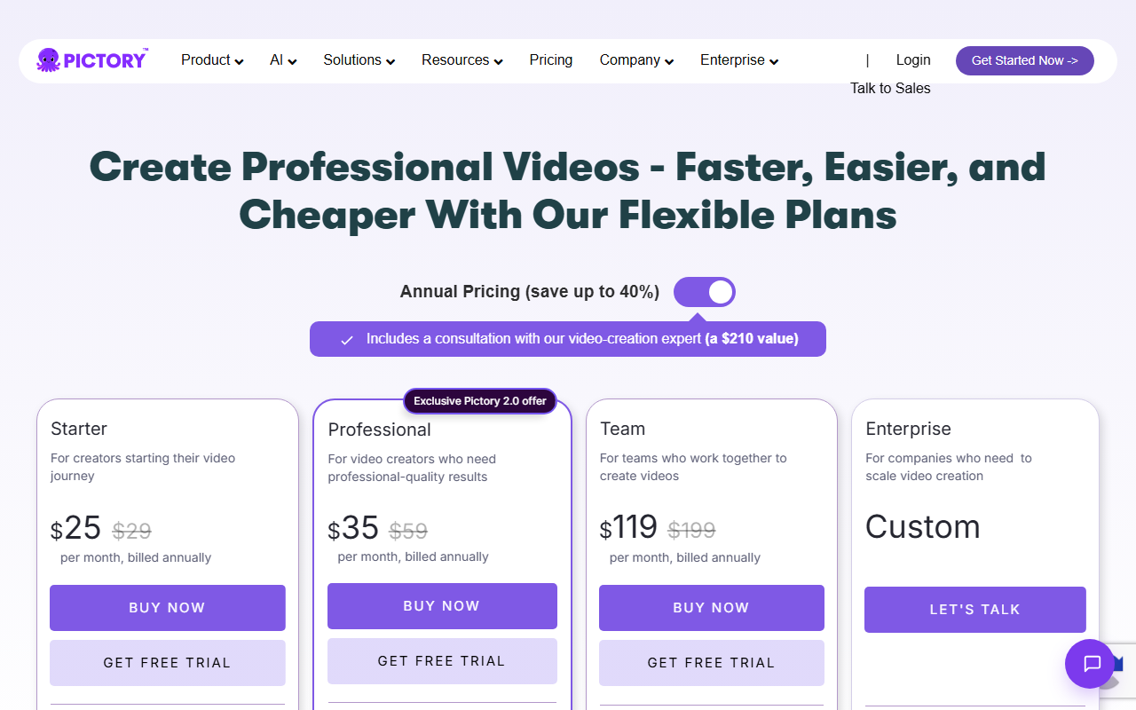 Pictory's pricing page showing four tiers, Starter through Enterprise, with annual and monthly rates and minutes-per-year allowances