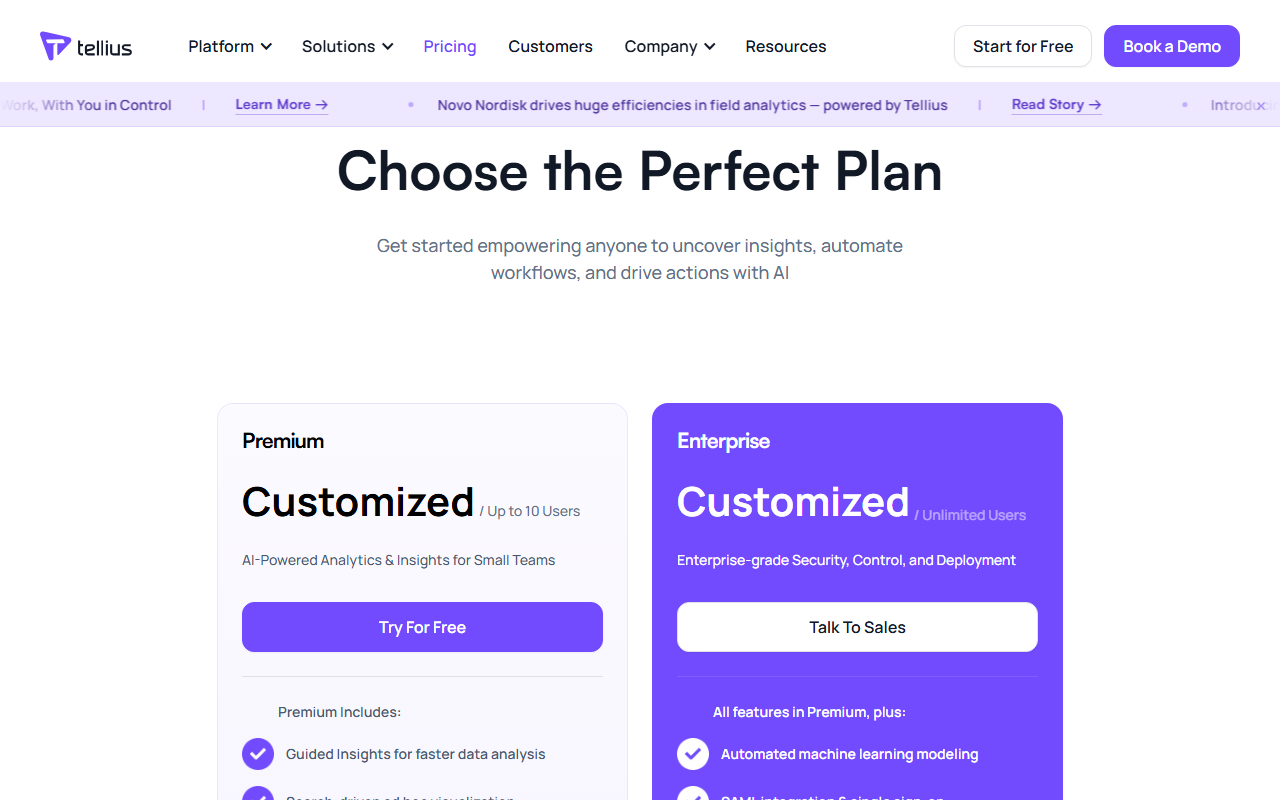 Tellius pricing page showing Premium and Enterprise tiers with no dollar figures and a 30-day free trial