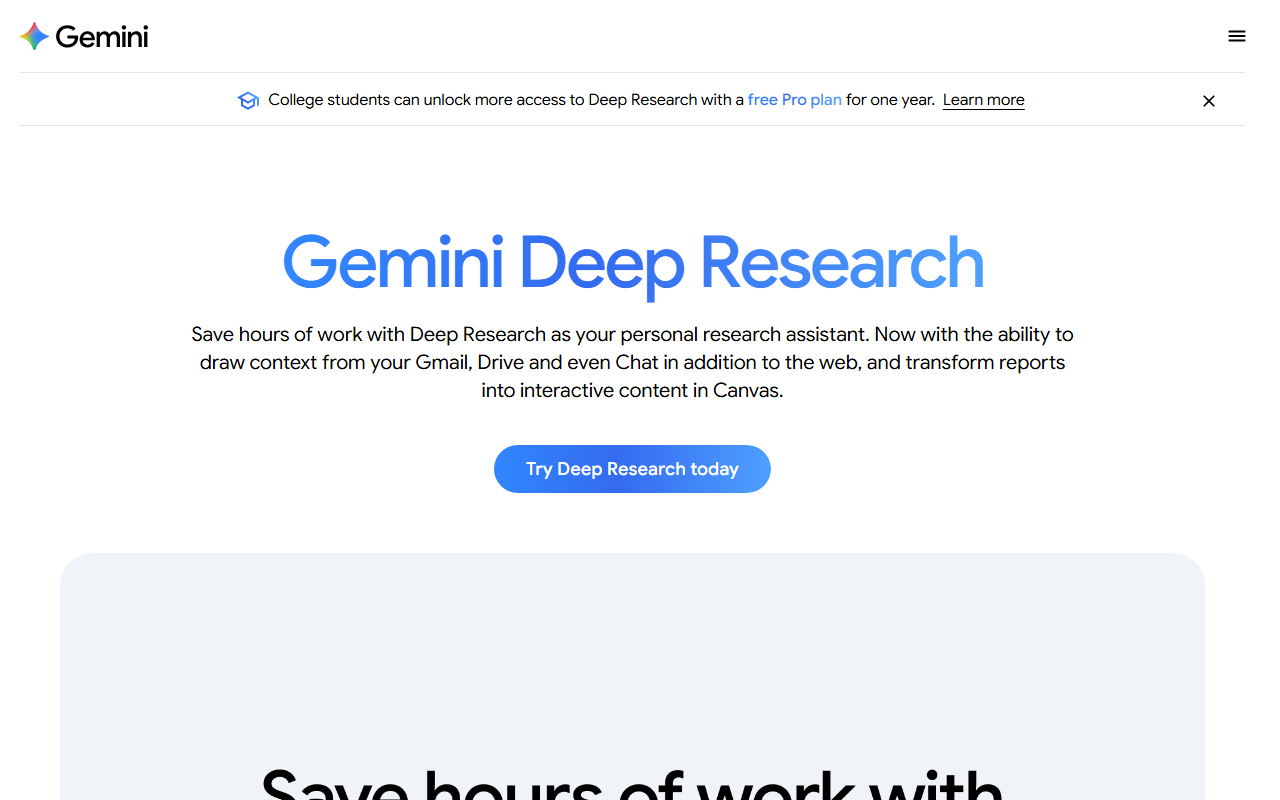 Google's Deep Research overview page describing Gmail, Drive and Chat as sources alongside the open web