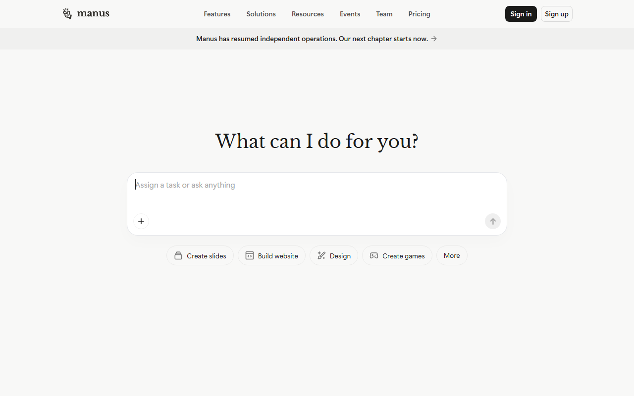 Manus's homepage prompt box with shortcut buttons for creating slides, building a website, design and games