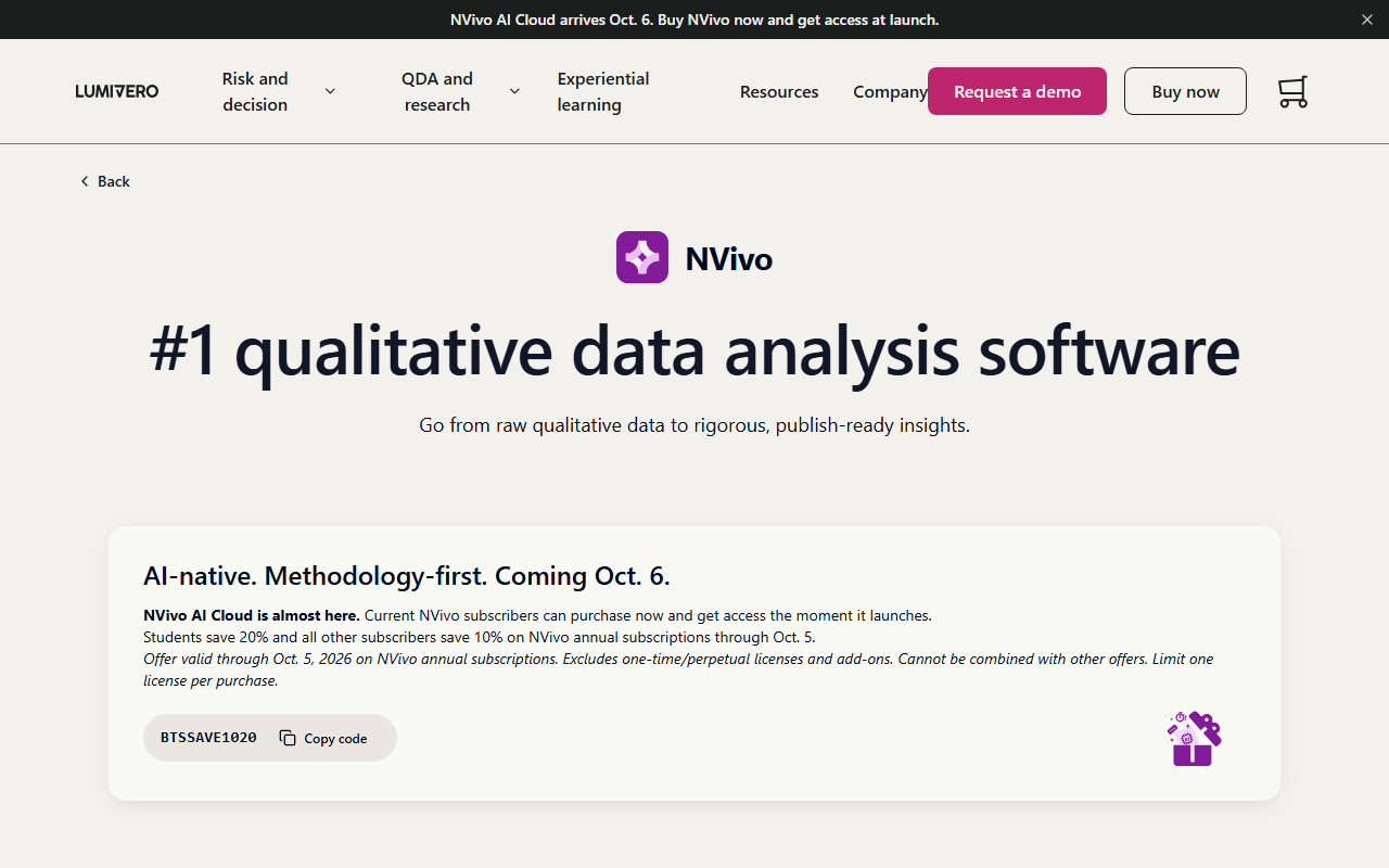 Lumivero's NVivo shop page announcing NVivo AI Cloud arriving October 6, 2026, with a limited-time discount code for current subscribers