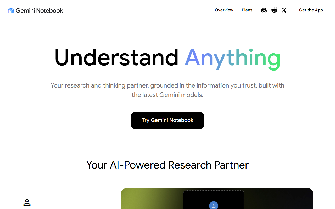 Gemini Notebook's landing page reading "Understand Anything" with a Try Gemini Notebook button, no mention of the old NotebookLM name