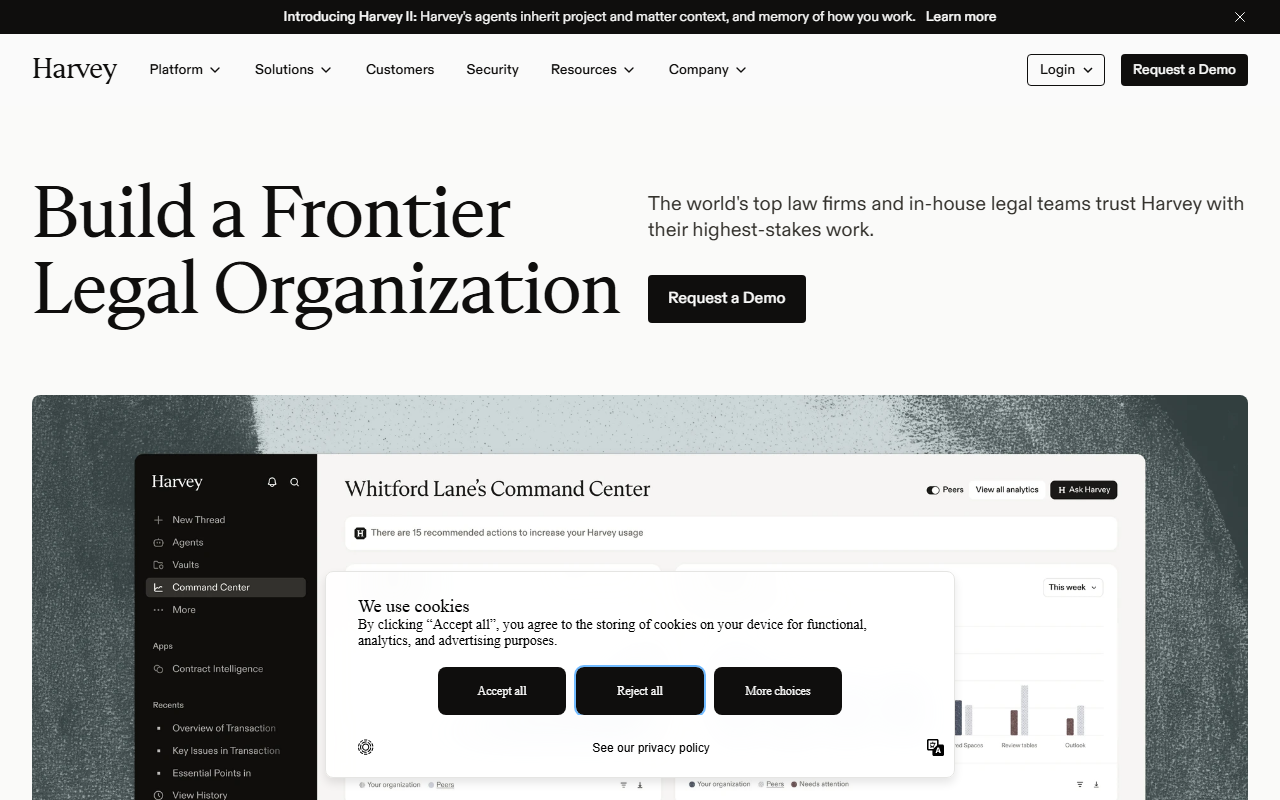 Harvey's homepage reading "Build a Frontier Legal Organization" with a Request a Demo button, no self-serve pricing or sign-up option visible