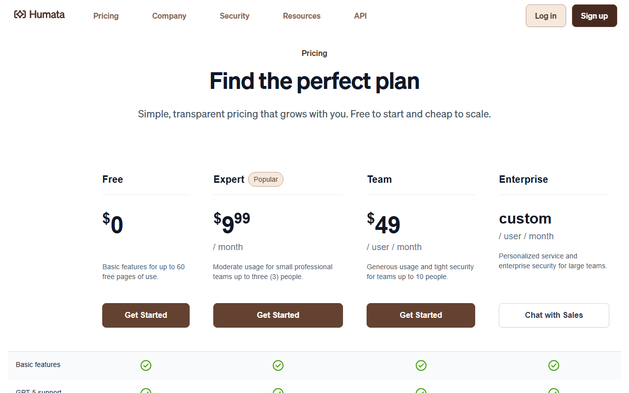 Humata's pricing page showing four tiers: Free at $0, Expert at $9.99 a month, Team at $49 a month, and custom Enterprise pricing