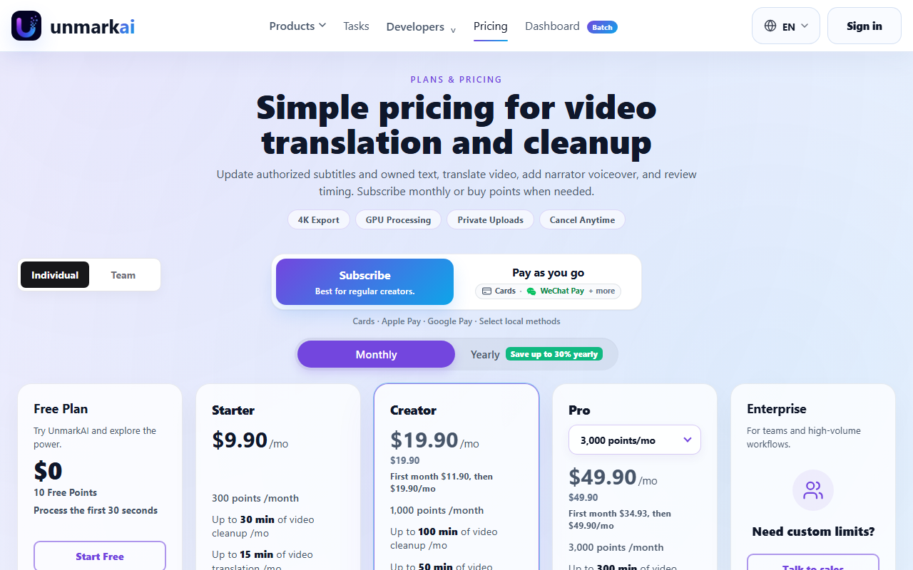 UnmarkAI's pricing page showing Free, Starter, Creator, Pro and Enterprise tiers priced in points per month