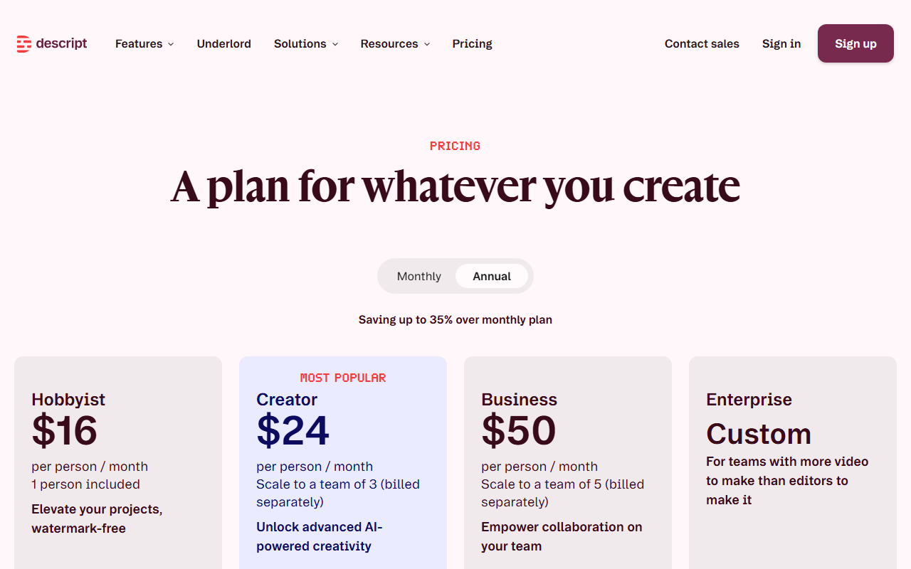 Descript's pricing page showing Hobbyist at $16, Creator at $24 and Business at $50 per month, all billed annually