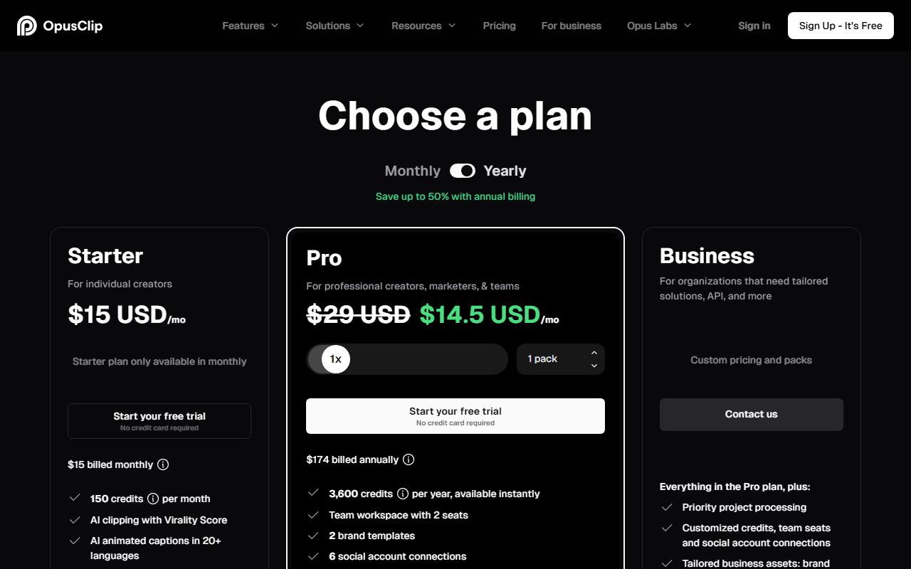 Opus Clip's pricing page showing Starter at $15/mo and Pro at $29/mo, with a limited-time 50% annual discount applied