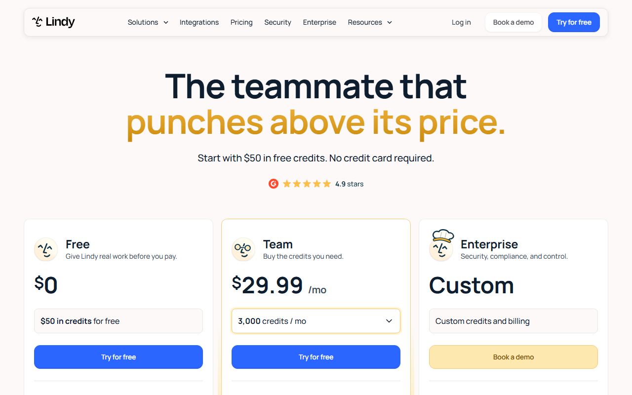 Lindy pricing page with a free plan carrying 50 dollars in credits and a Team plan at 29.99 dollars a month
