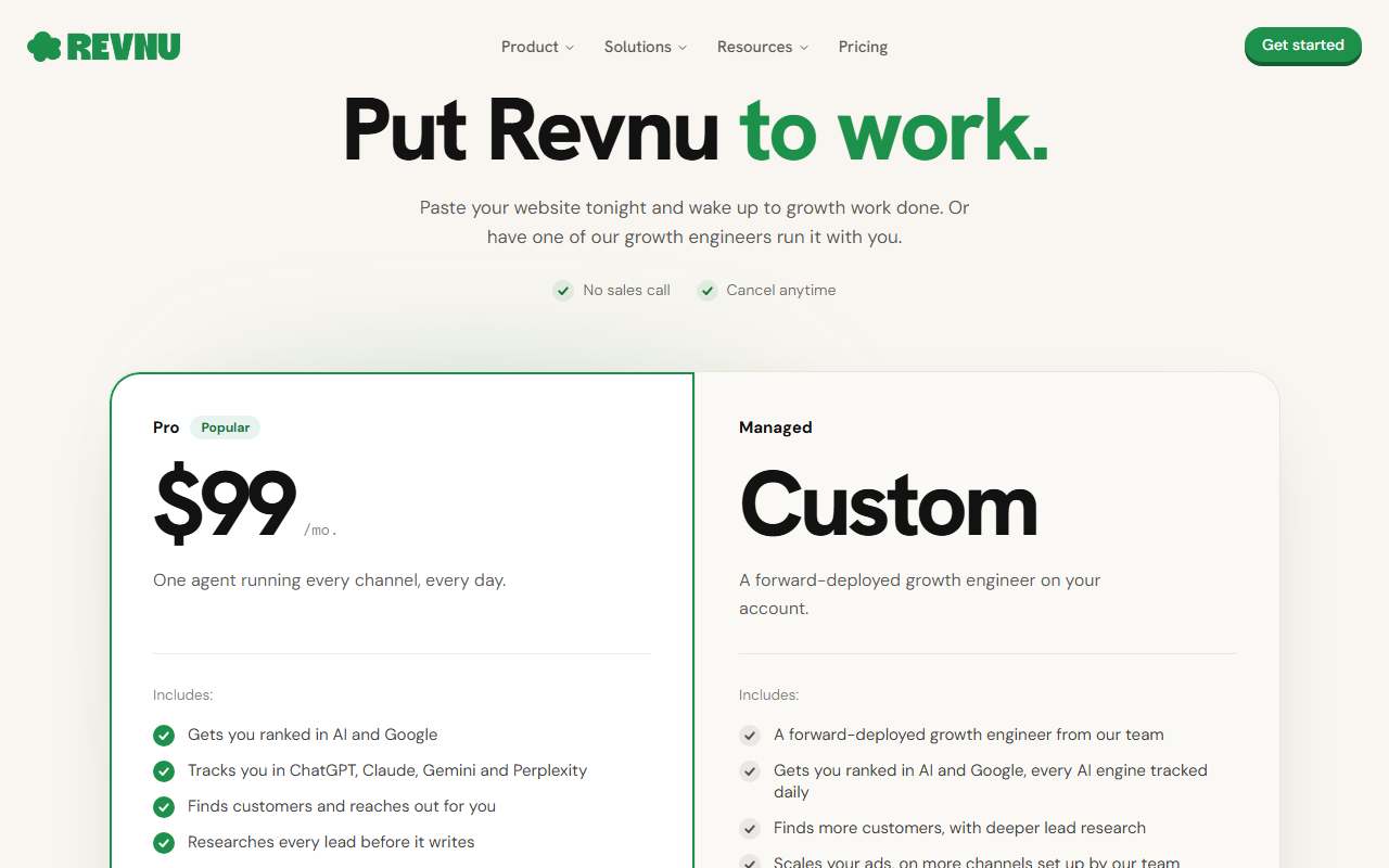 Two plan cards on revnu.com: Pro listed at $99 per month beside a Managed card with a custom price, each with its list of included work