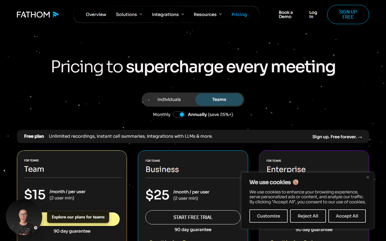 Fathom's team pricing page showing the Team plan at $15 per user per month and Business at $25 per user per month, both billed annually