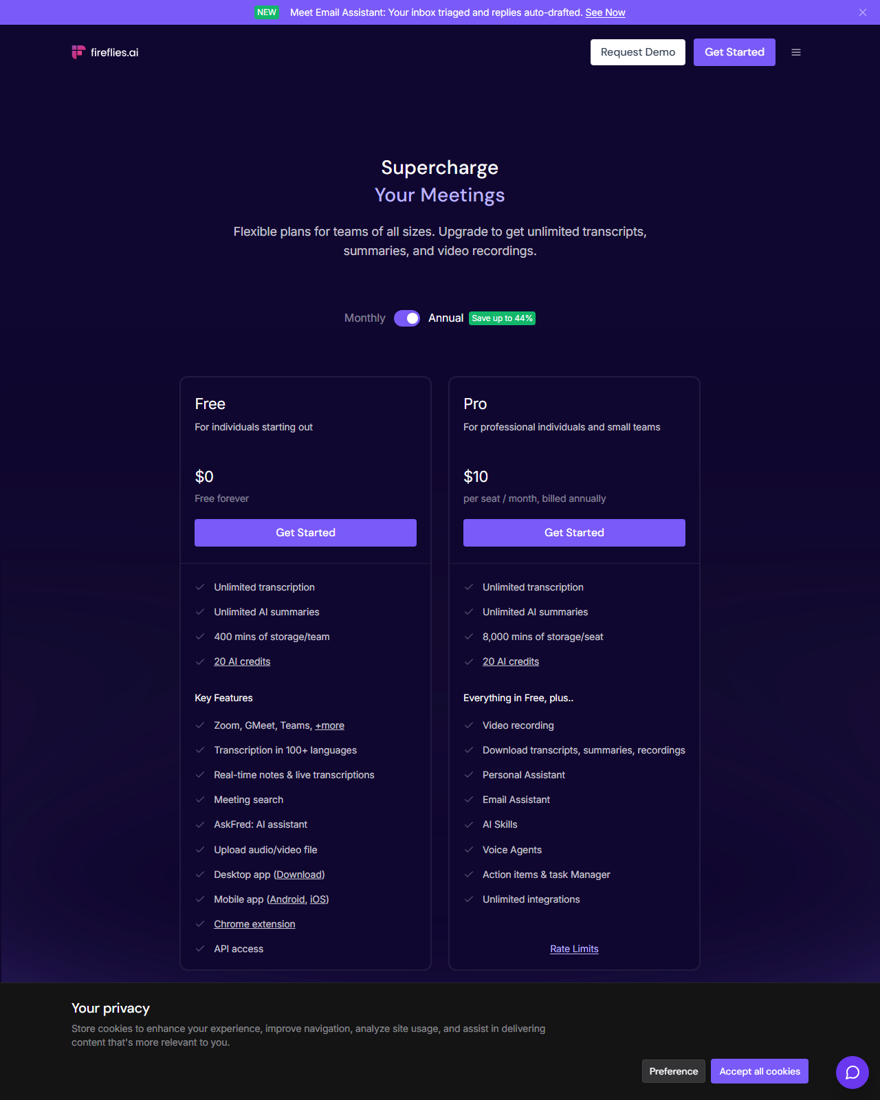 Fireflies.ai's pricing page showing the Free and Pro tiers side by side, with Pro listed at $10 per seat per month billed annually and a full feature checklist below each price