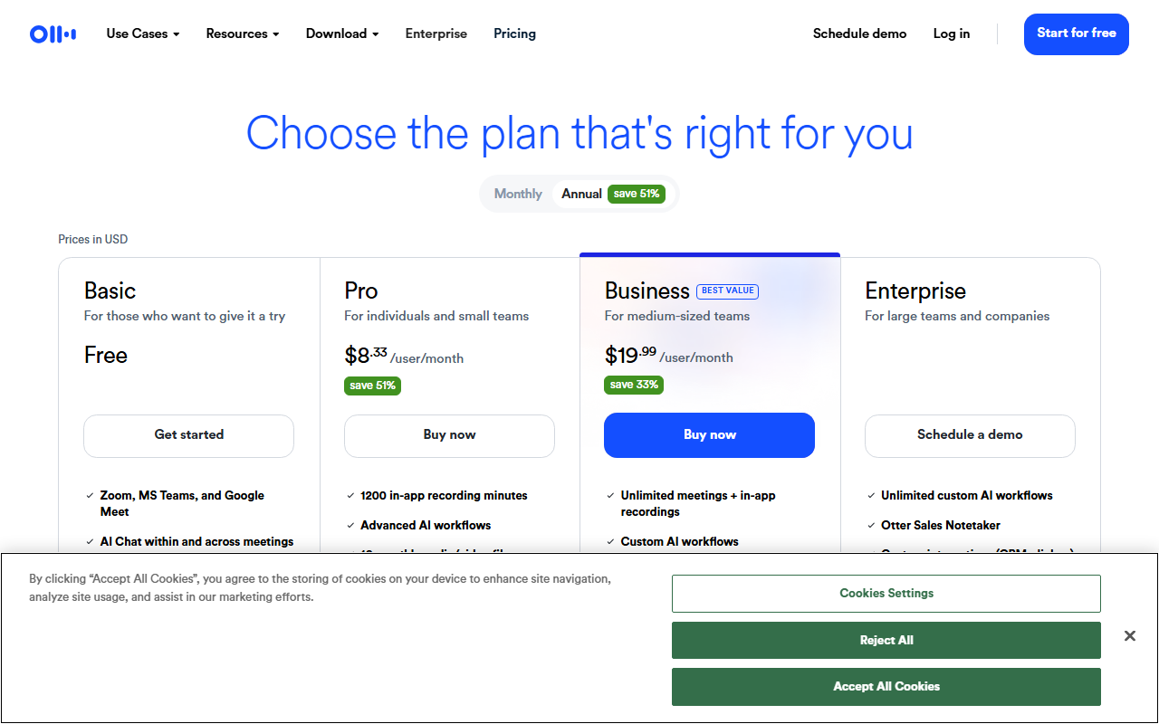Otter.ai's pricing page with four tiers visible: Basic free, Pro at $8.33 per user per month, Business at $19.99 per user per month, and Enterprise marked custom, all under the Annual billing toggle